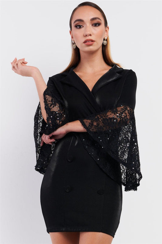 Black V-Neck Mesh Sequin Embroidered Sleeve Detail Mock Double Breast Blazer Mini Dress /3-2-1