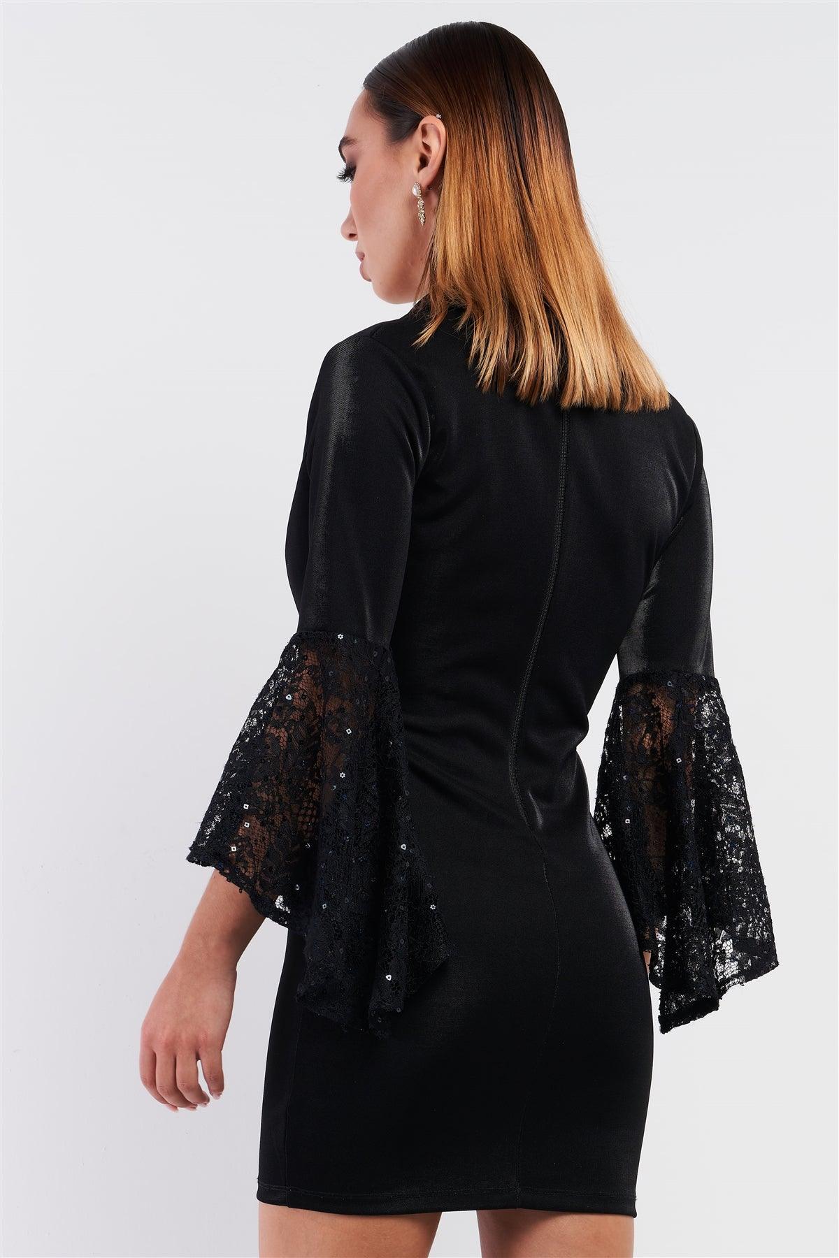 Black V-Neck Mesh Sequin Embroidered Sleeve Detail Mock Double Breast Blazer Mini Dress /3-2-1