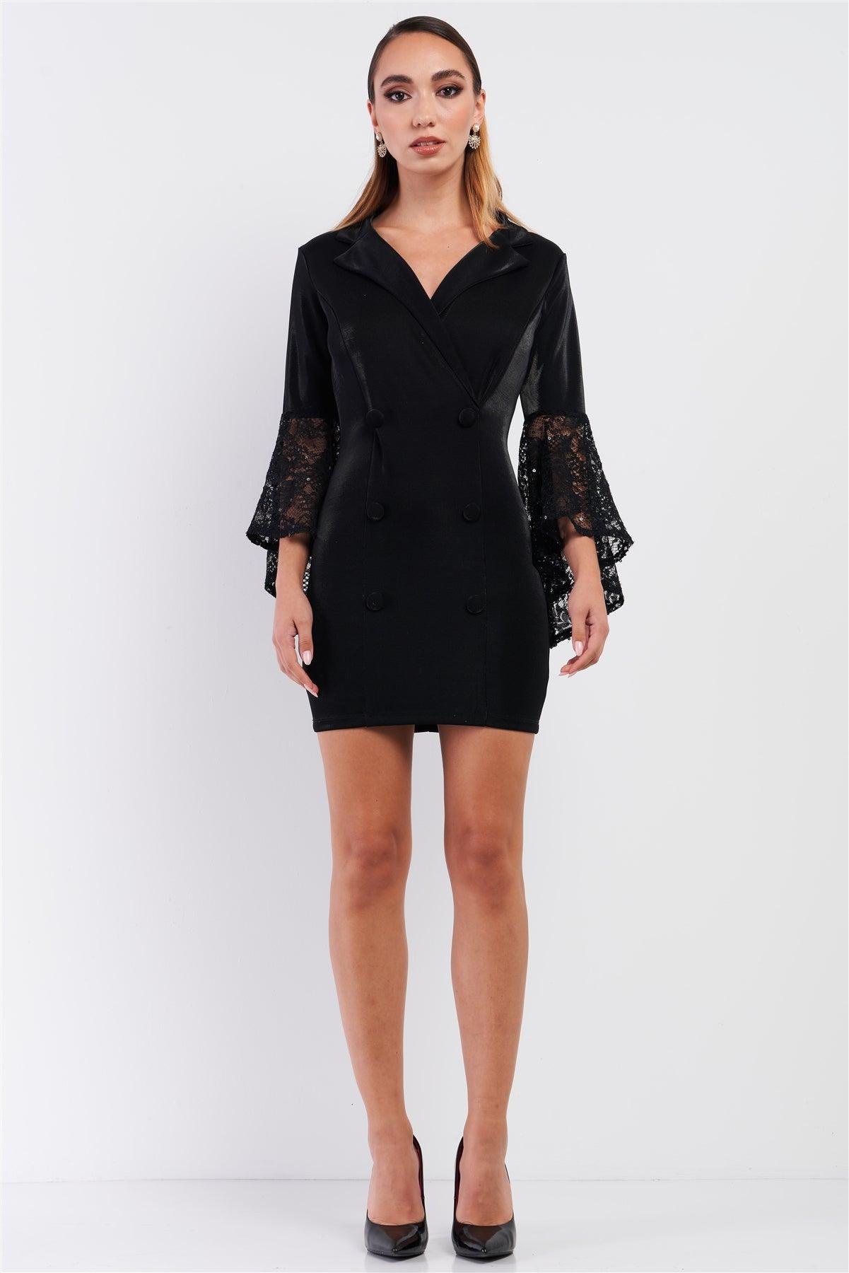 Black V-Neck Mesh Sequin Embroidered Sleeve Detail Mock Double Breast Blazer Mini Dress /3-2-1