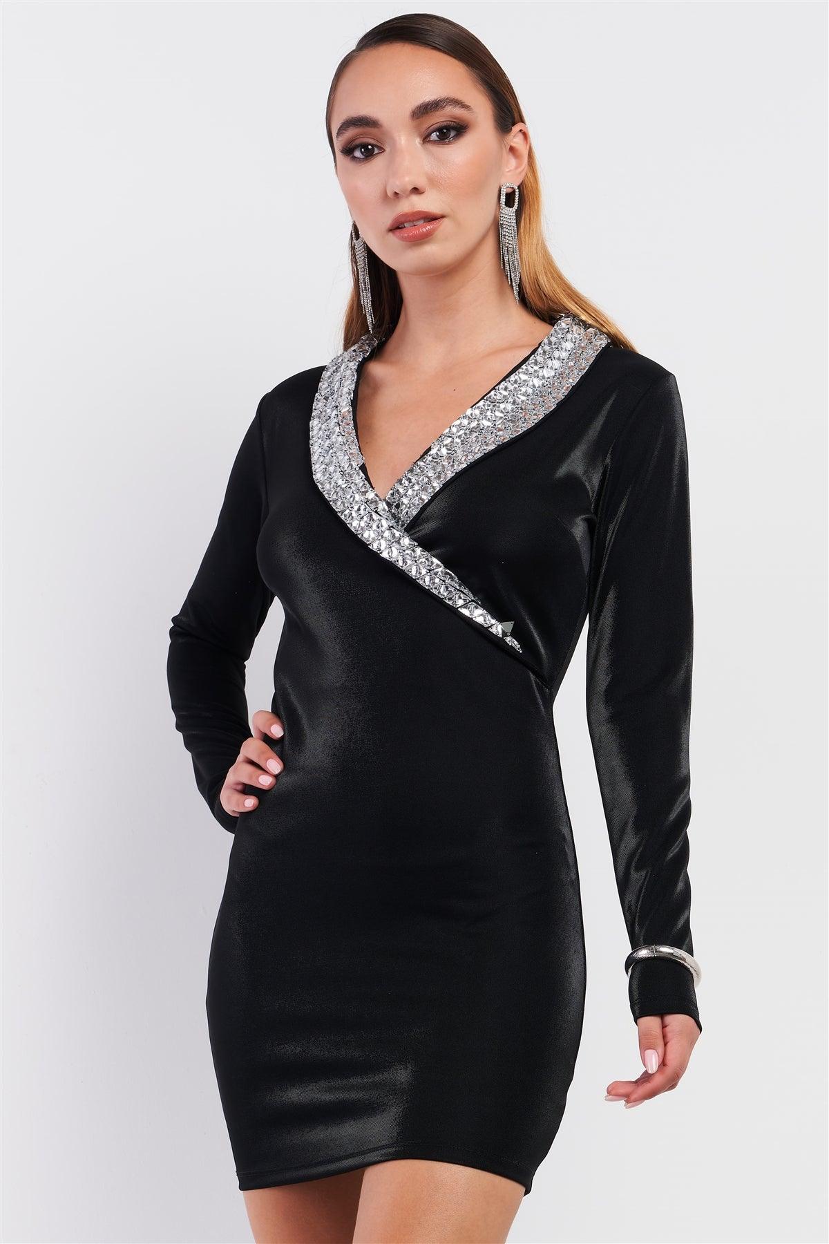 Black Long Sleeve V-Neck Triangle Cristal Collar Wrapped Top Mini Dress /3-2-1