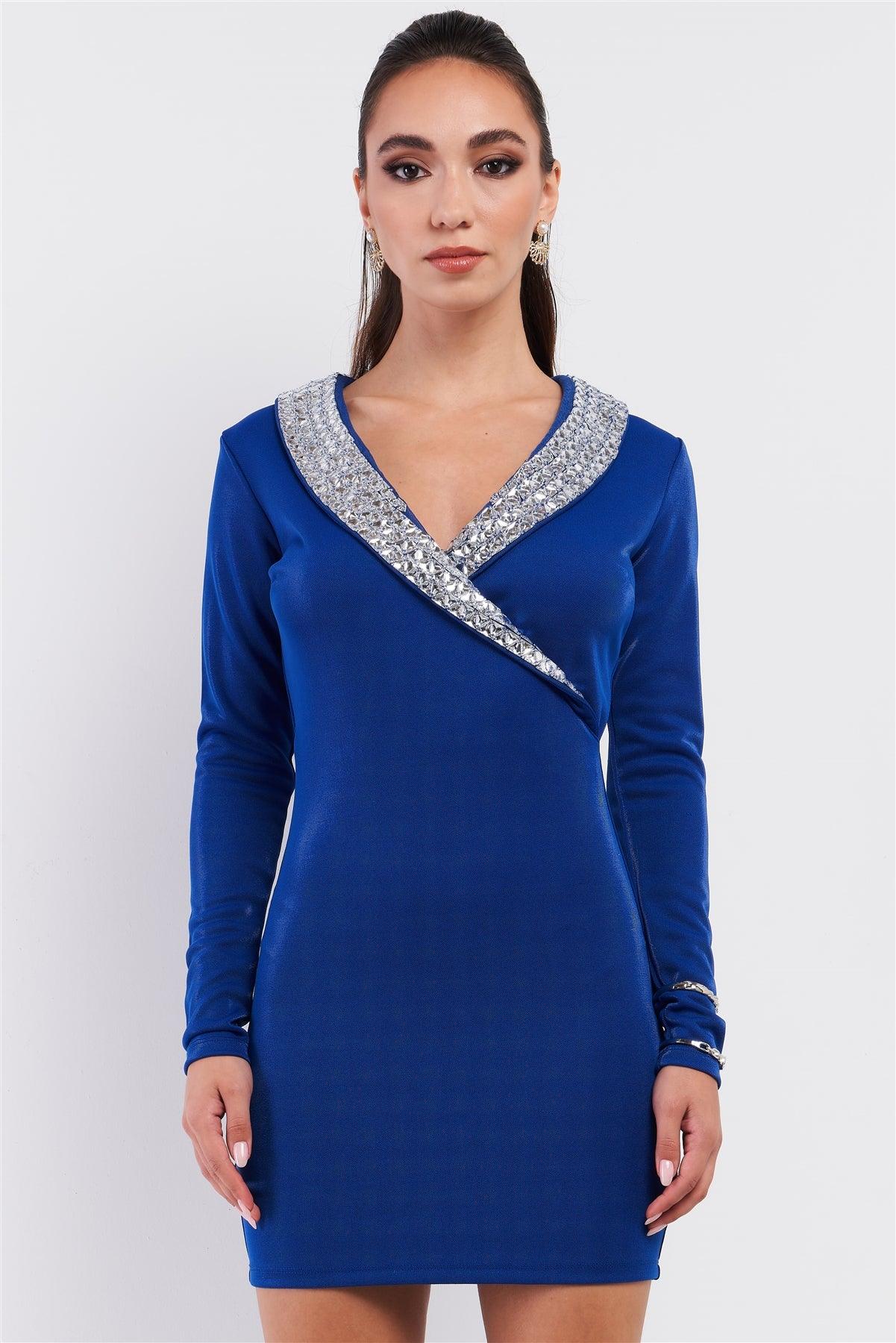 Dark Royal Blue Long Sleeve V-Neck Triangle Cristal Collar Wrapped Top Mini Dress /3-2-1