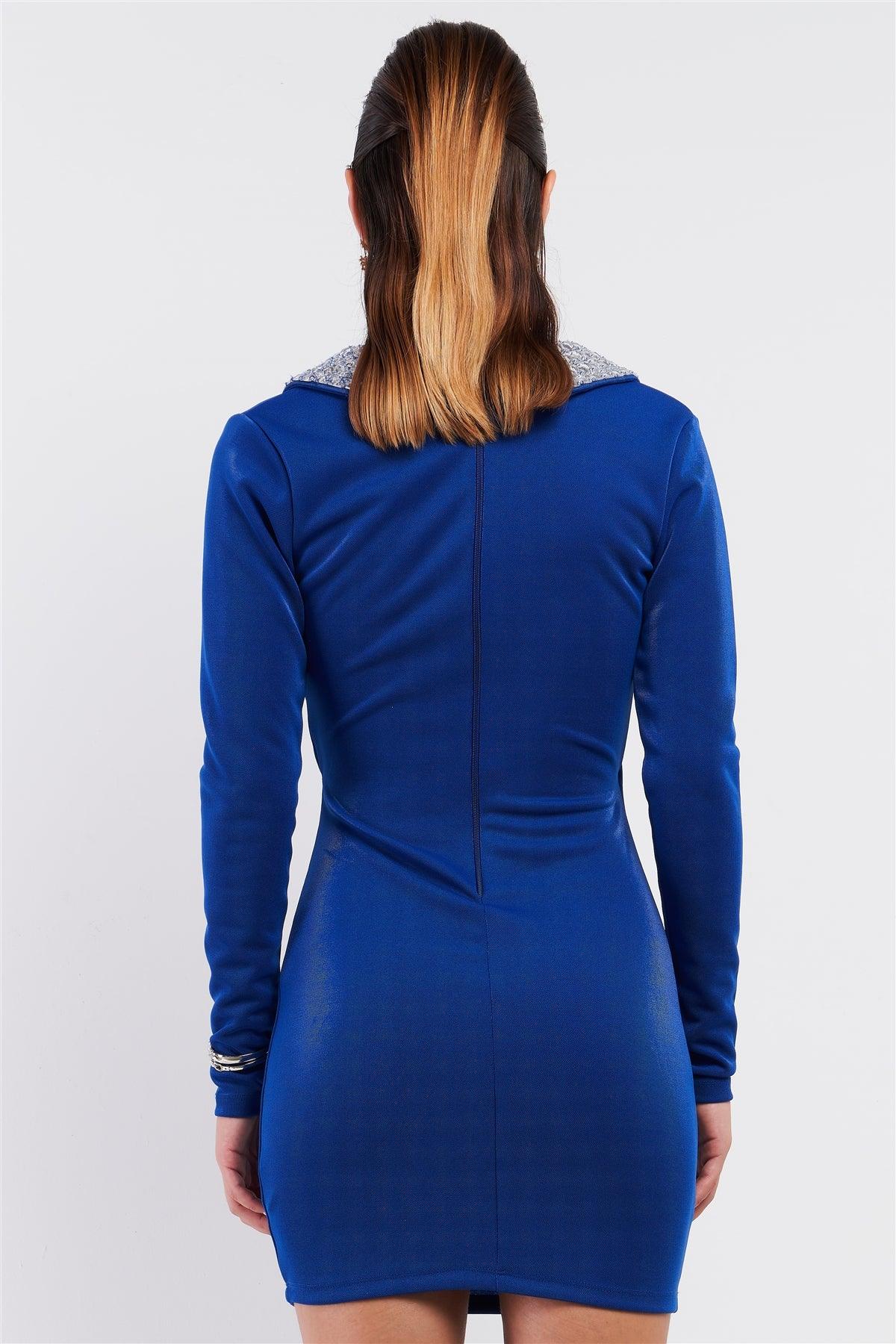 Dark Royal Blue Long Sleeve V-Neck Triangle Cristal Collar Wrapped Top Mini Dress /3-2-1