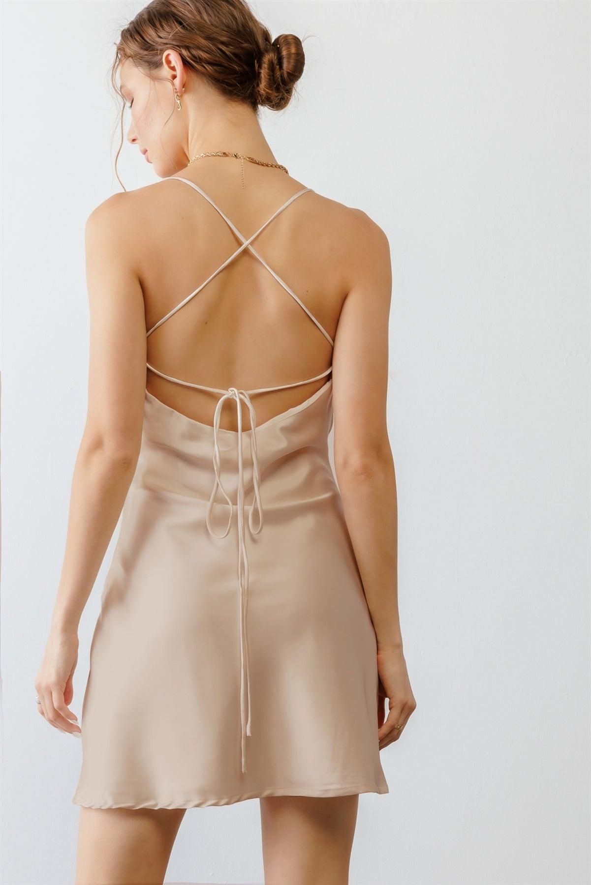 Taupe Cowl Neck Criss-Cross Back Mini Dress /2-2-1