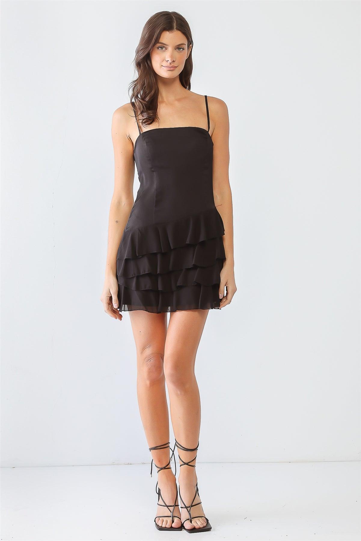 Black Strappy Ruffle Flare Hem Mini Dress /3-1-1