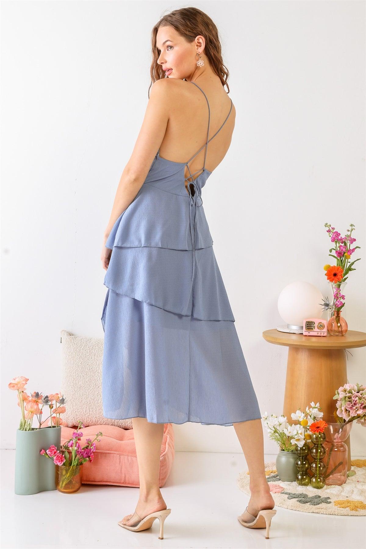 Blue Textured Ruffle V-Neck Sleeveless Strappy Layered Hem Mini Dress /3-2-1