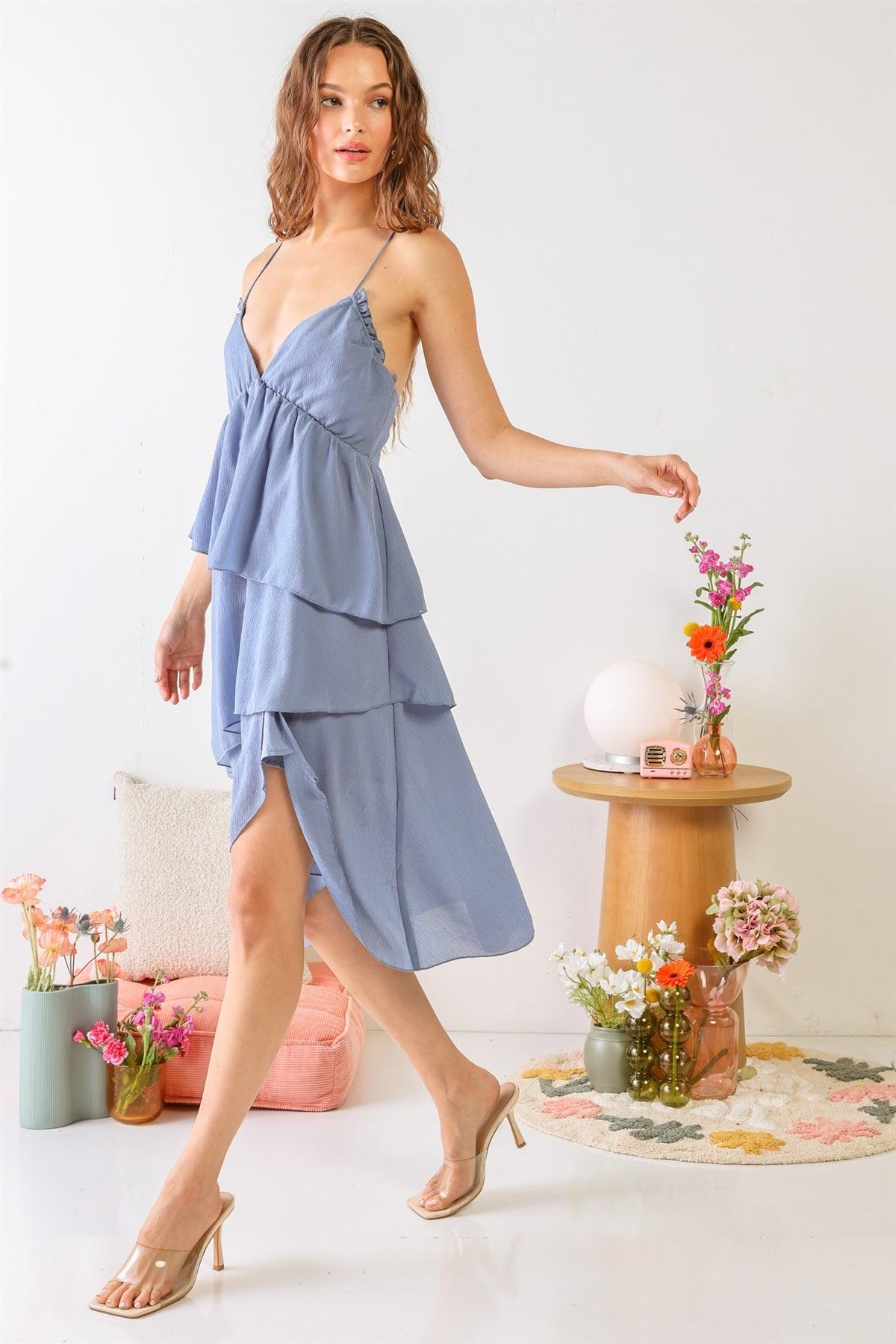 Blue Textured Ruffle V-Neck Sleeveless Strappy Layered Hem Mini Dress /3-2-1