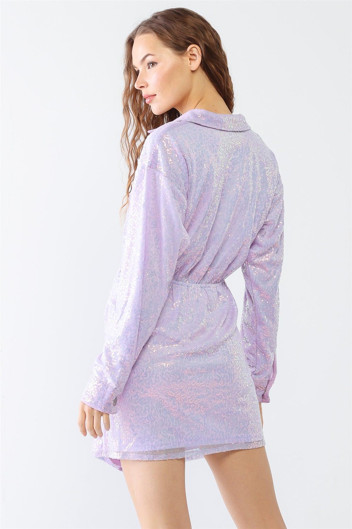 Lilac Sequin Collared Wrap V-Neck Two Pocket Ruched Side Mini Dress /1-2-2-1