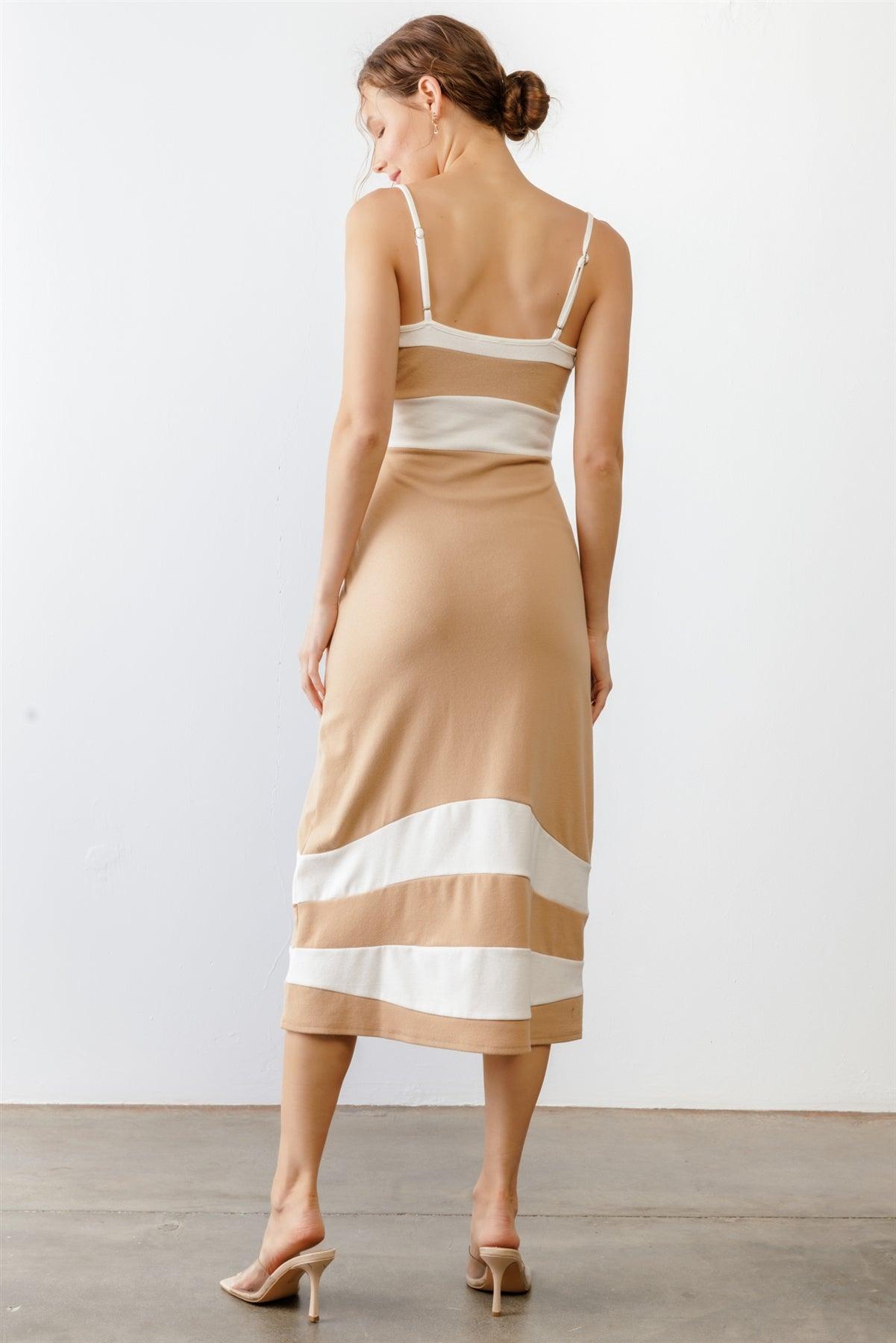 Tan & White Stripe Cotton Strappy Midi Dress /1-2-2-1