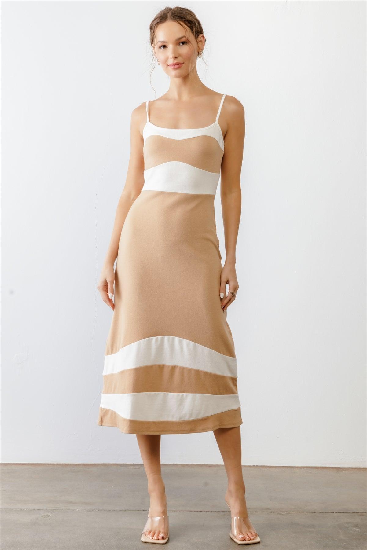 Tan & White Stripe Cotton Strappy Midi Dress /1-2-2-1