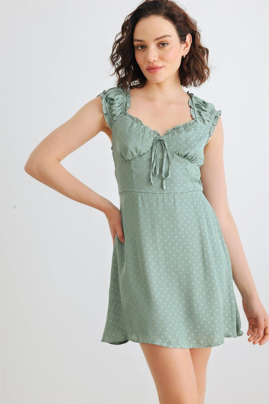 Green Polka Dot Satin Sweetheart Neck Sleeveless Mini Dress /1-2-2-1