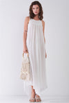 White Sleeveless Round Neck Asymmetrical Raw Hem Yoke Maxi Dress /3-2-1