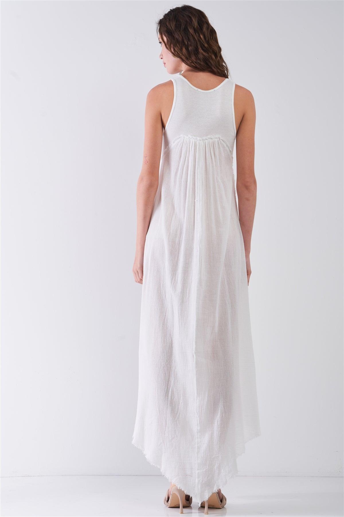 White Sleeveless Round Neck Asymmetrical Raw Hem Yoke Maxi Dress /3-2-1