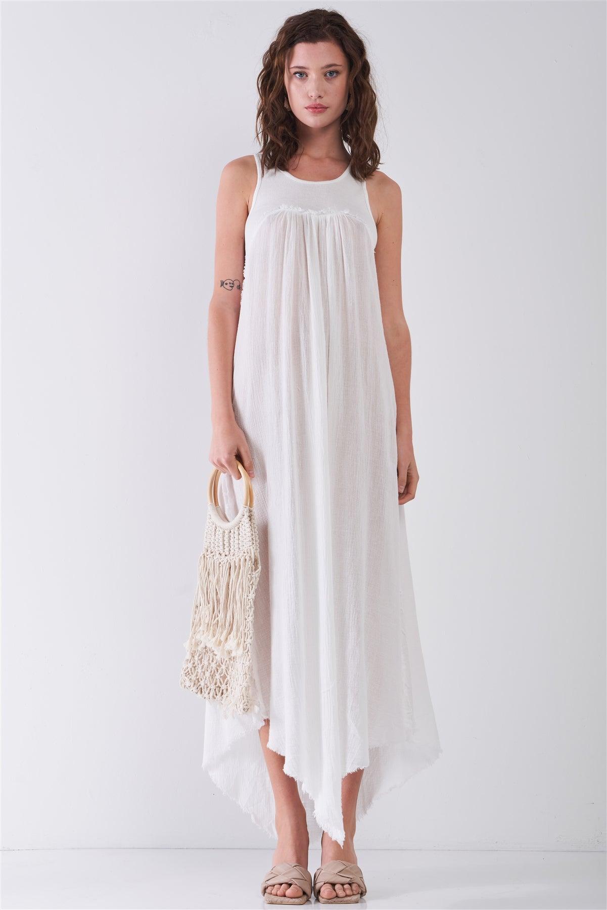 White Sleeveless Round Neck Asymmetrical Raw Hem Yoke Maxi Dress /3-2-1