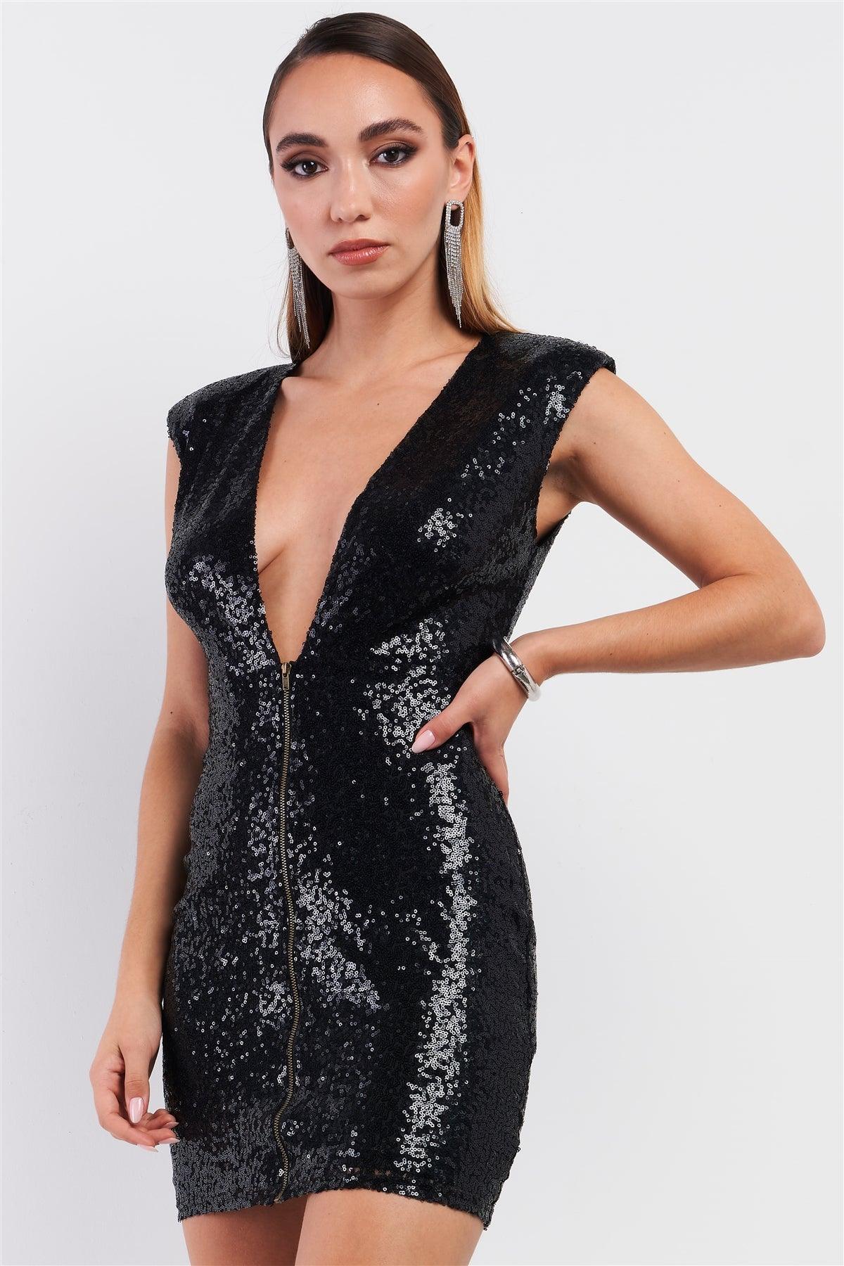 Black Sequin Sleeveless Deep Plunge V-Neck Front Zip-Up Detail Mini Dress /3-2-1