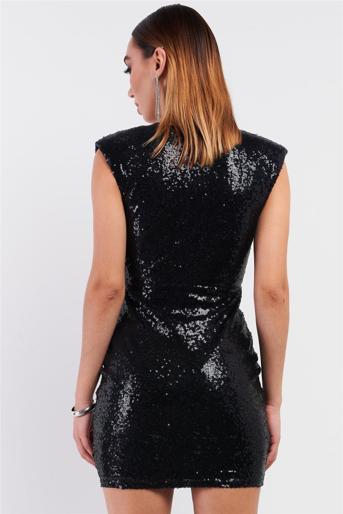 Black Sequin Sleeveless Deep Plunge V-Neck Front Zip-Up Detail Mini Dress /3-2-1