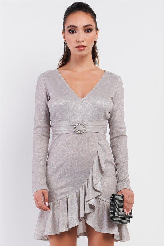 Pink Silver Long Sleeve V-neck Asymmetrical Wrap Flare Hem Belt Detail Oval Rhinestone Buckle Mini Dress /3-2-1