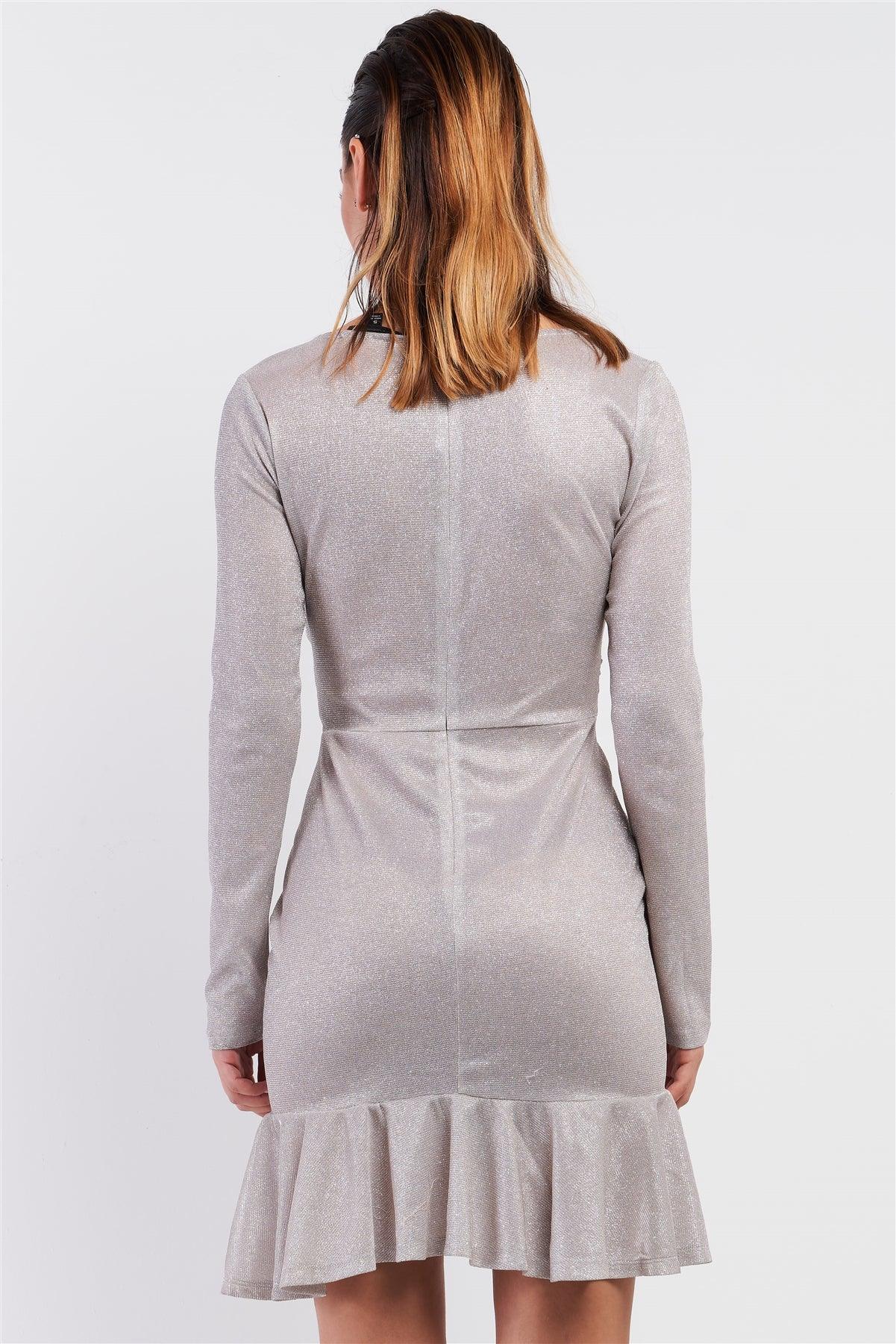 Pink Silver Long Sleeve V-neck Asymmetrical Wrap Flare Hem Belt Detail Oval Rhinestone Buckle Mini Dress /3-2-1