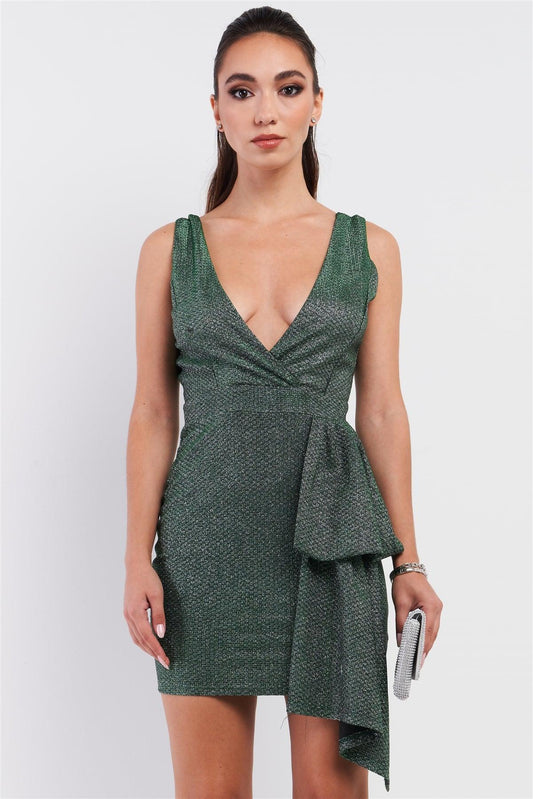 Green Shimmer Scales Embroidery Deep V-Neck Sleeve less Draped Bandage Mini Dress 3/2/1