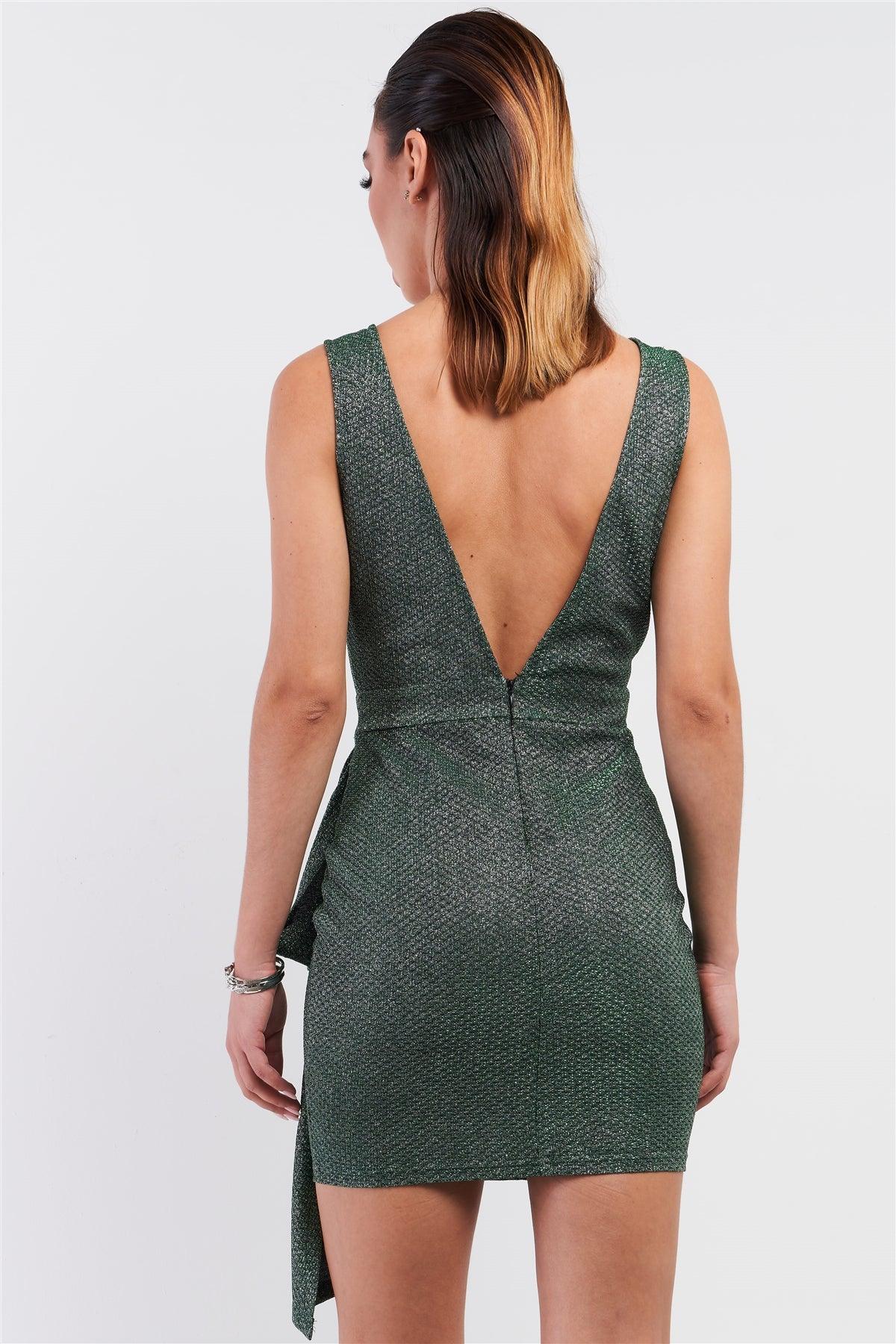 Green Shimmer Scales Embroidery Deep V-Neck Sleeve less Draped Bandage Mini Dress 3/2/1