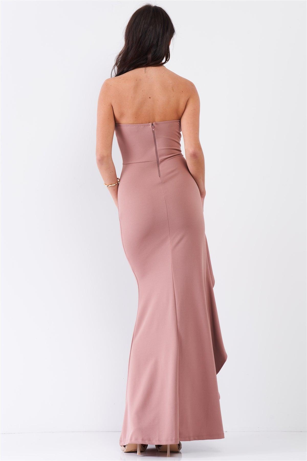 Rose Chocolate Sleeveless Plunging Sweetheart Neckline Ruffle Trim Front Slit Detail Fitted Maxi Dress /2-2-2