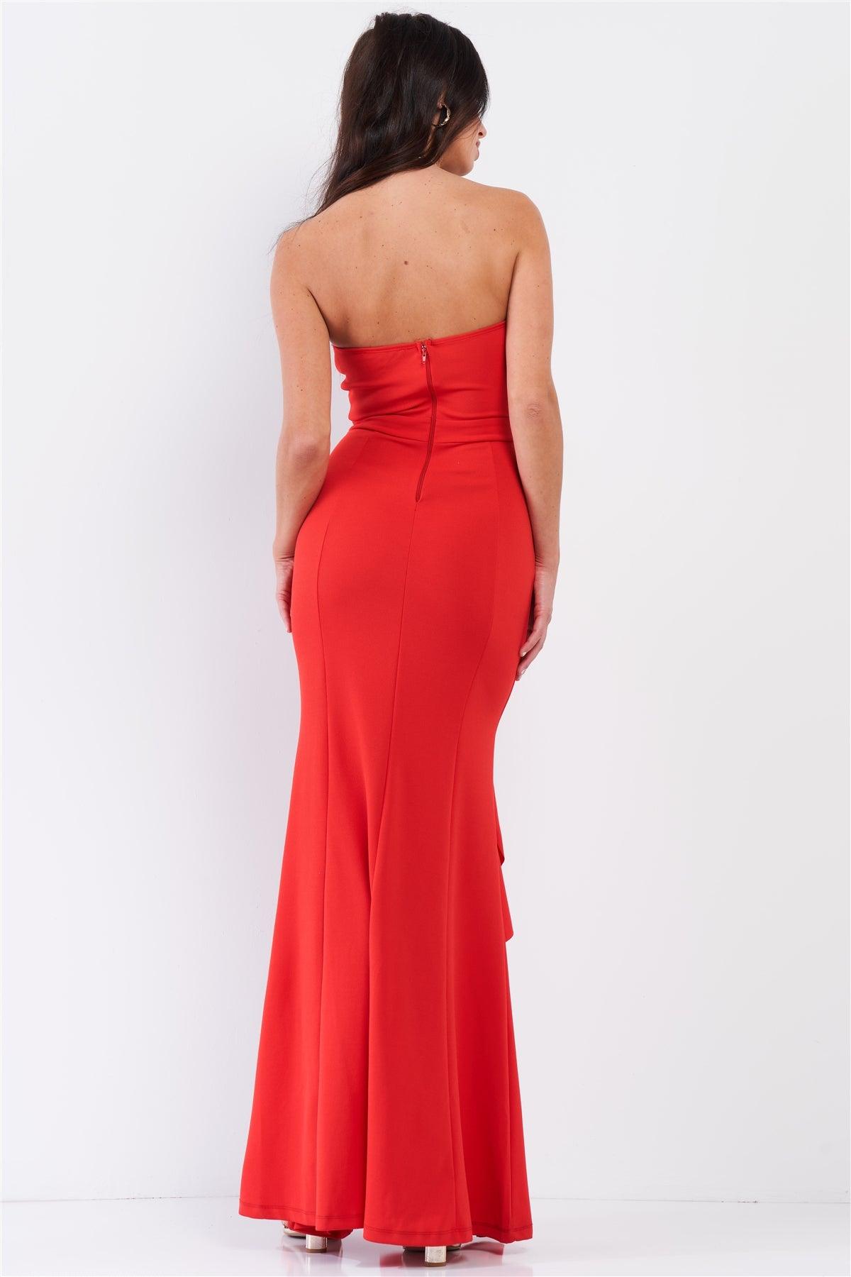 Flaming Red Sleeveless Plunging Sweetheart Neckline Ruffle Trim Front Slit Detail Fitted Maxi Dress /2-2-2