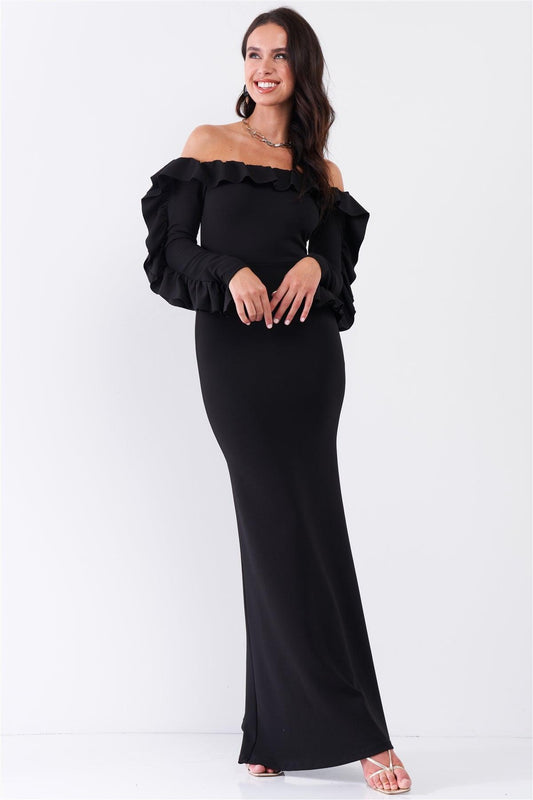 Black Off-The-Shoulder Ruffle Trim Detail Long Sleeve Fitted Maxi Dress /2-2-2