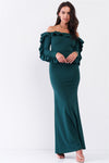 Hunter Green Off-The-Shoulder Ruffle Trim Detail Long Sleeve Fitted Maxi Dress /1-1-2