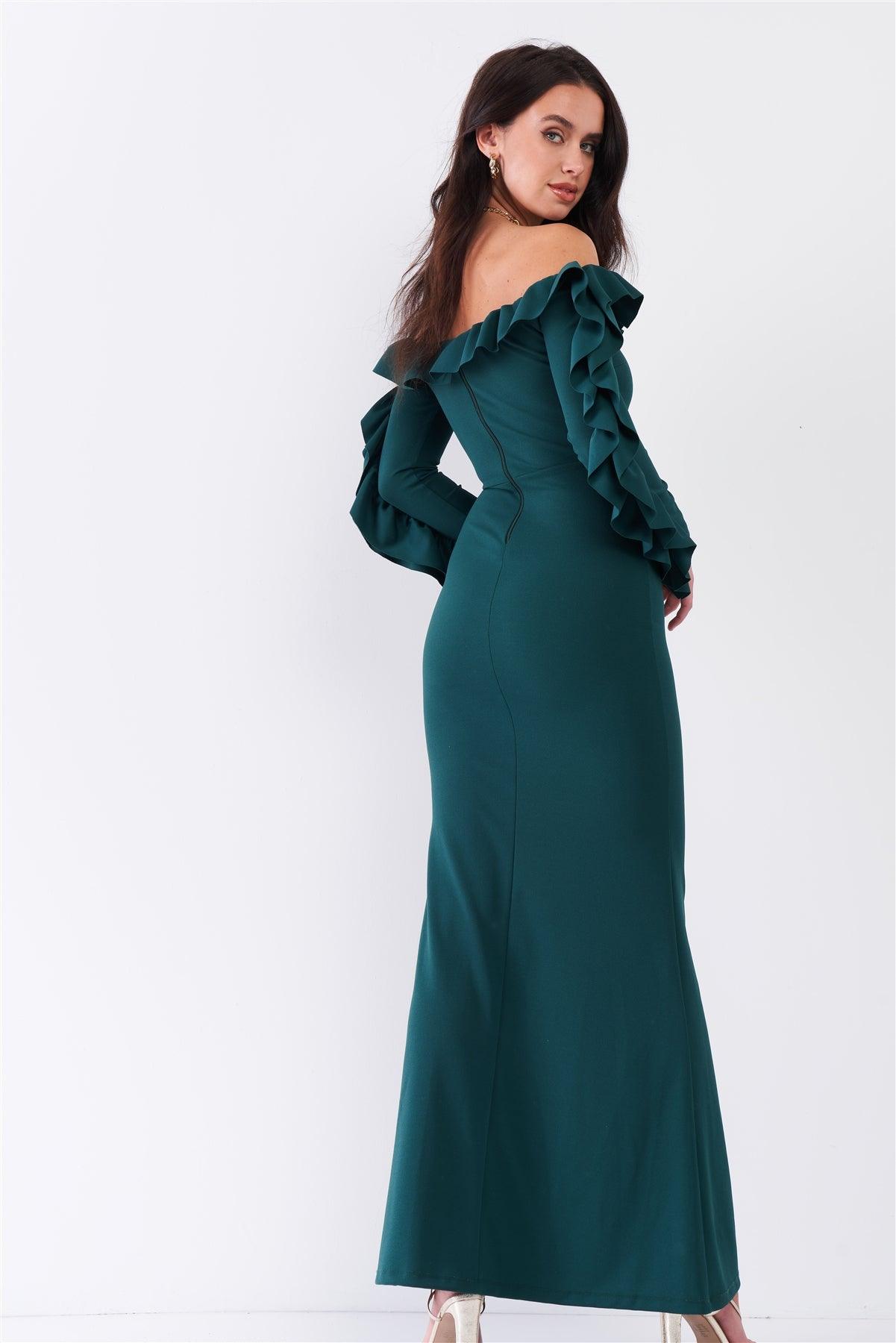 Hunter Green Off-The-Shoulder Ruffle Trim Detail Long Sleeve Fitted Maxi Dress /1-1-2