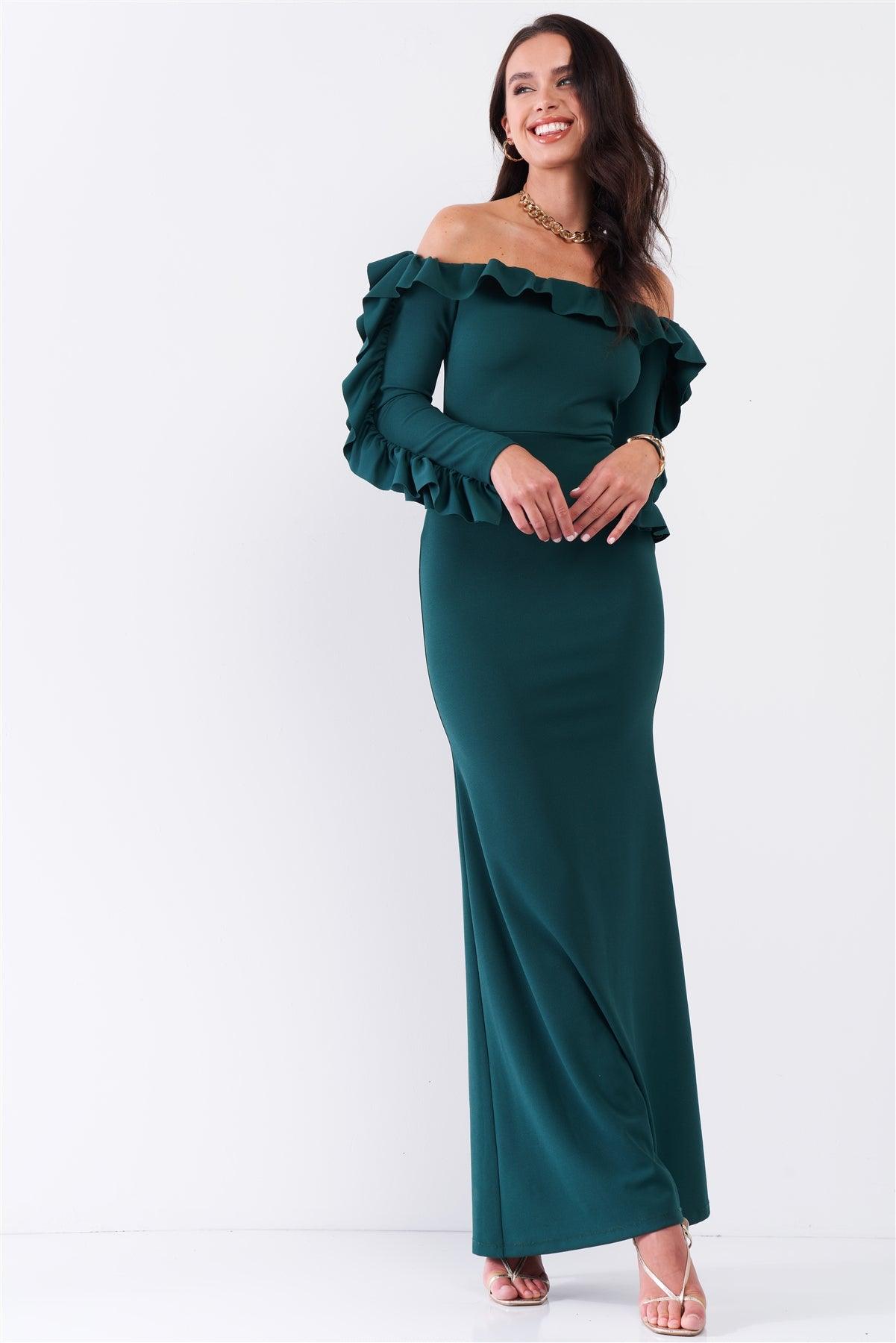 Hunter Green Off-The-Shoulder Ruffle Trim Detail Long Sleeve Fitted Maxi Dress /1-1-2