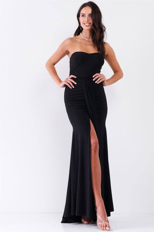 Black Heart Shaped Bust Strapless Deep Front Slip Draped Front Maxi Dress