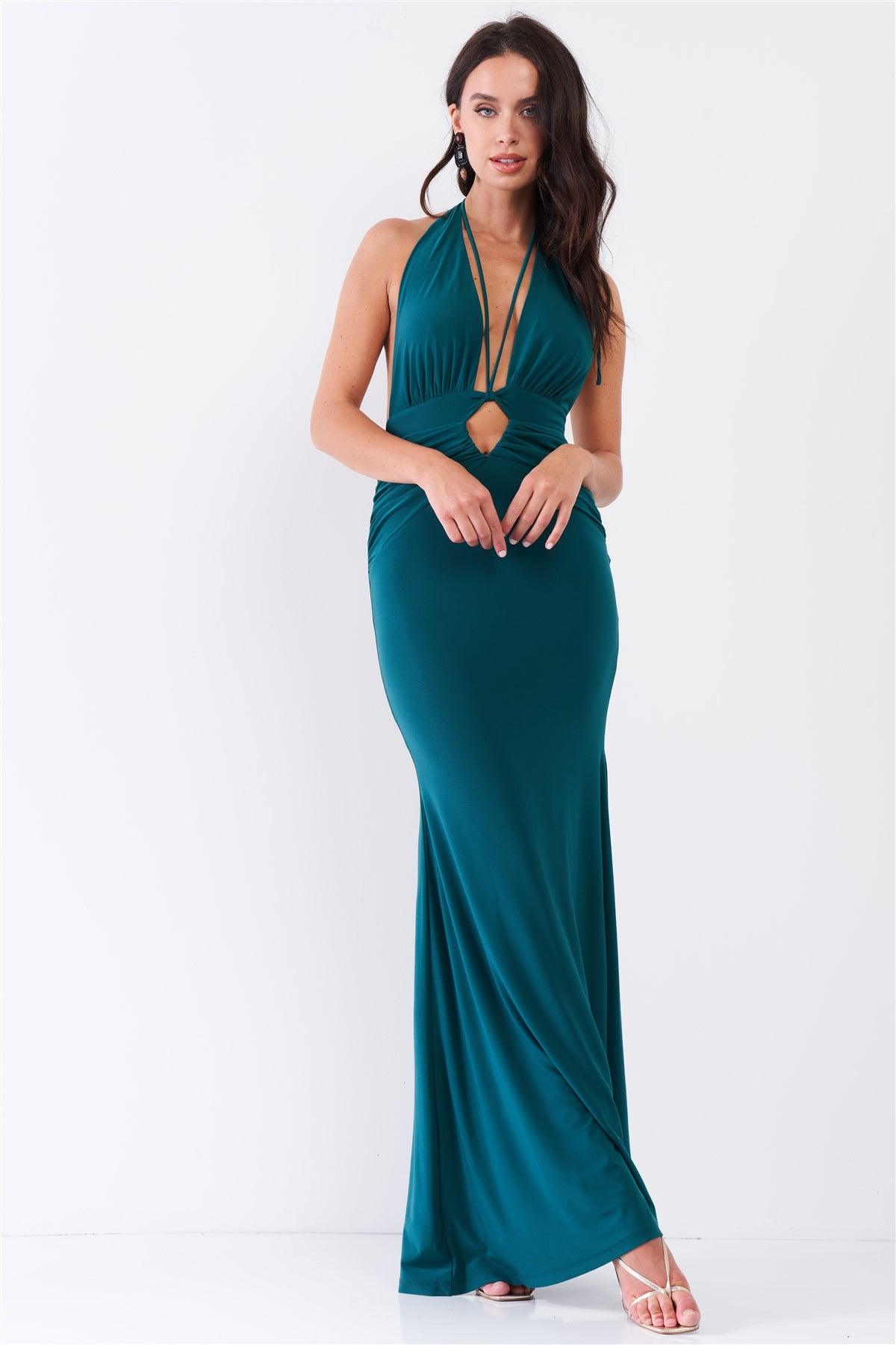 Emerald Halter Neck Front Cut Out Detail Ruched Self-Tie Long Straps Open Back Mermaid Maxi Dress /3-1-2