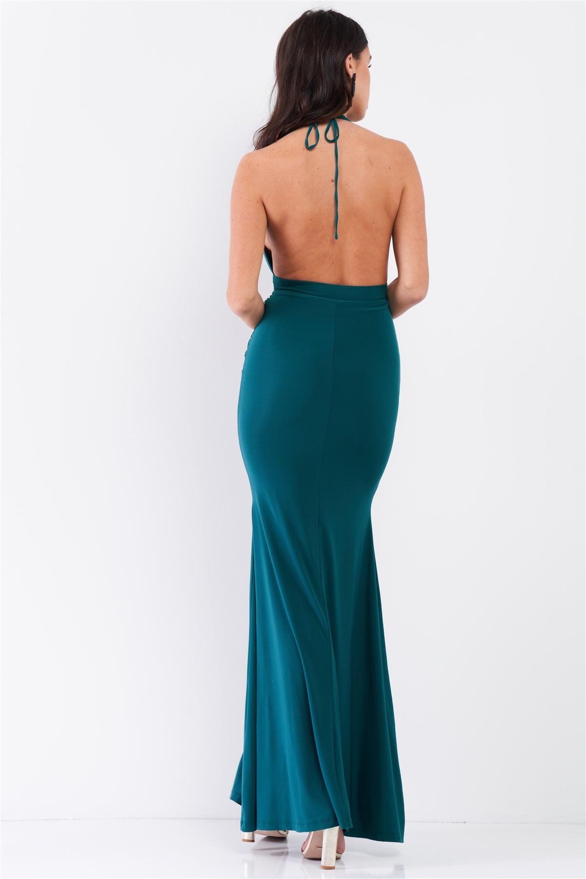 Emerald Halter Neck Front Cut Out Detail Ruched Self-Tie Long Straps Open Back Mermaid Maxi Dress /3-1-2