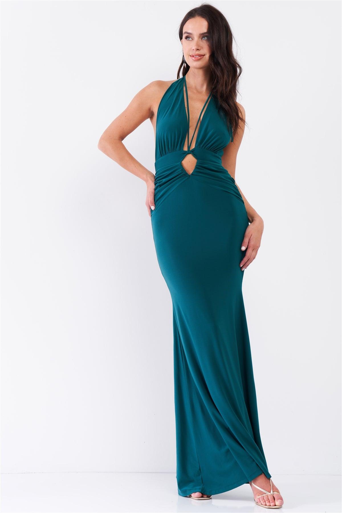 Emerald Halter Neck Front Cut Out Detail Ruched Self-Tie Long Straps Open Back Mermaid Maxi Dress /3-1-2