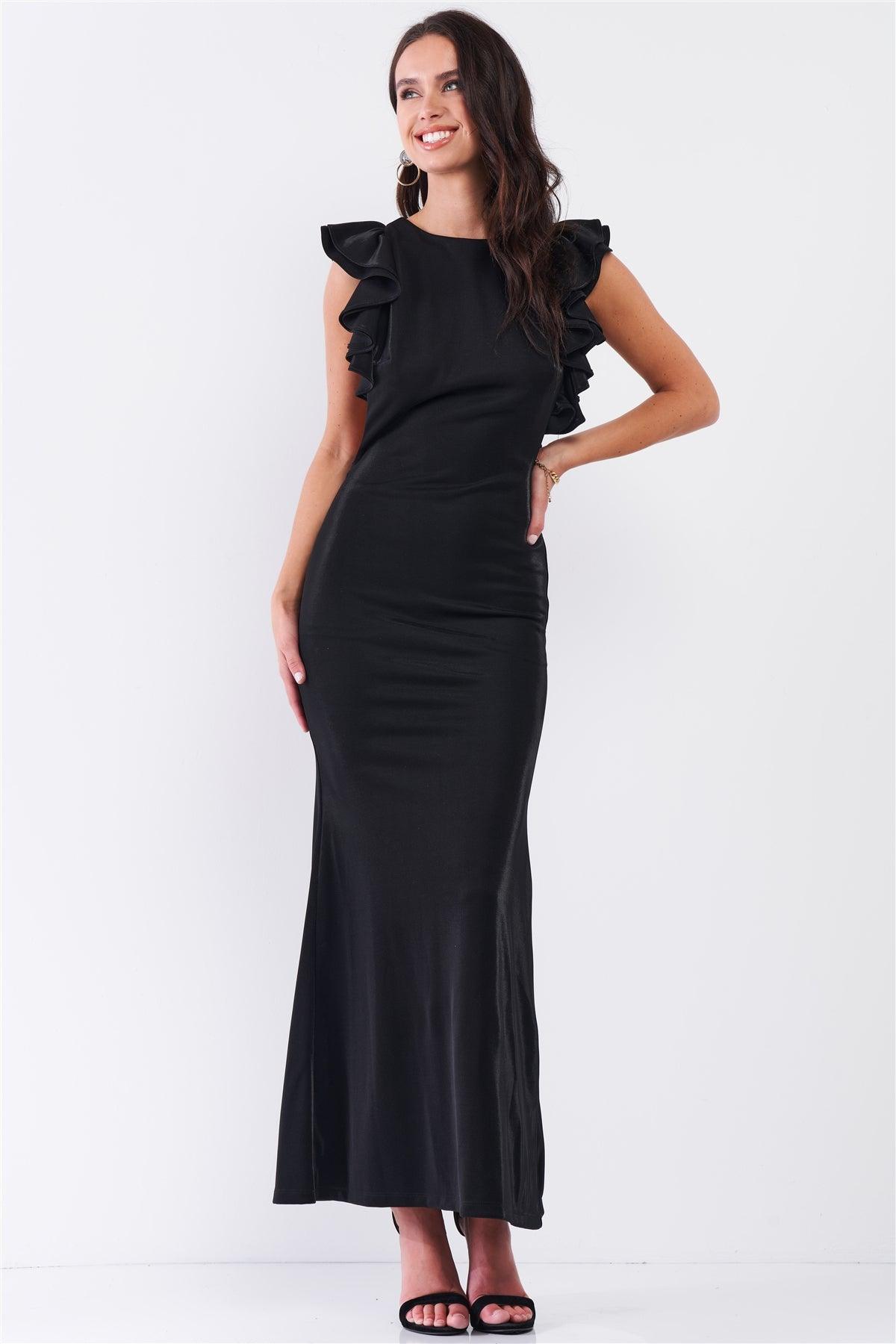 Black Sleeveless Cut-Out Armholes Ruffle Trim Fitted Maxi Dress /3-2-1