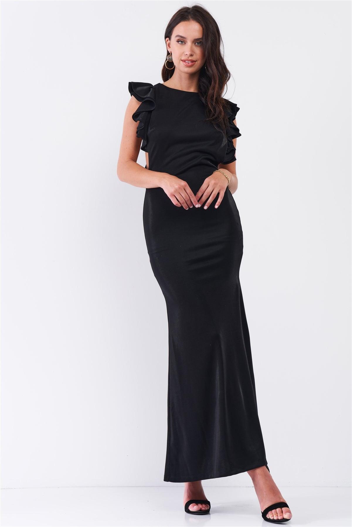 Black Sleeveless Cut-Out Armholes Ruffle Trim Fitted Maxi Dress /3-2-1