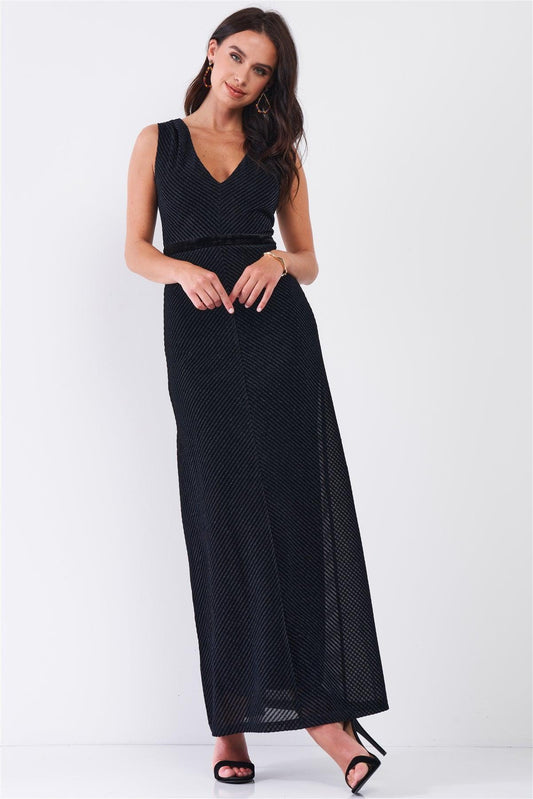 Navy Black Striped Sleeveless V-Neck Velvet Waistband Detail Fitted Maxi Dress /3-2-1