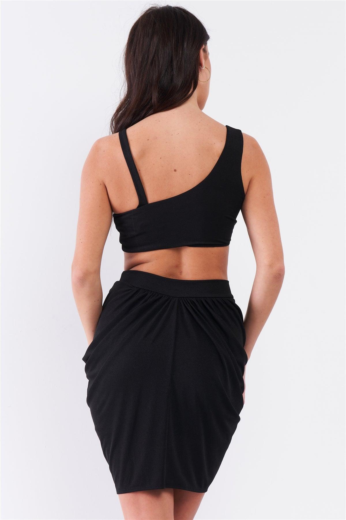 Black Sleeveless Circular Barbell Ring Detail Asymmetrical Bustier Top & High Waisted Gathered Tulip Skirt Set /3-2-1