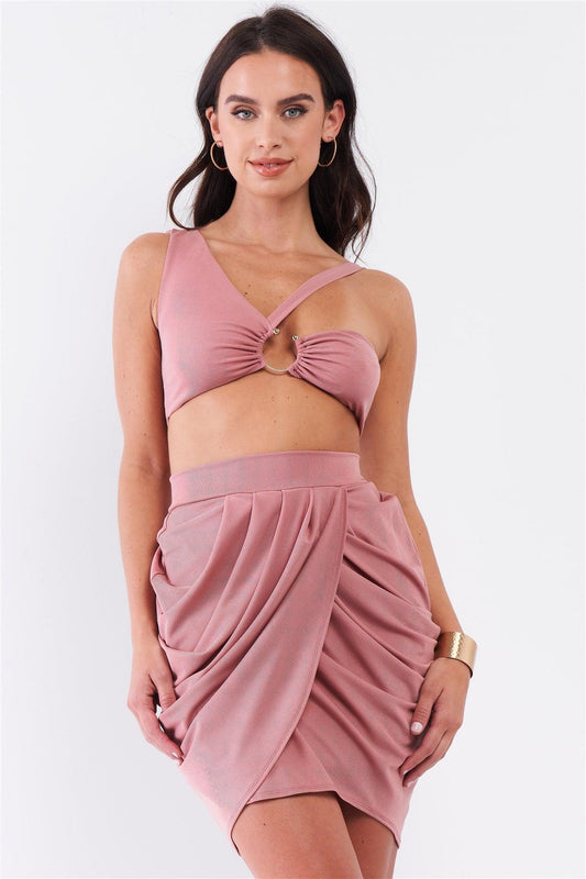 Blush Sleeveless Circular Barbell Ring Detail Asymmetrical Bustier Top & High Waisted Gathered Tulip Skirt Set /2-2-1