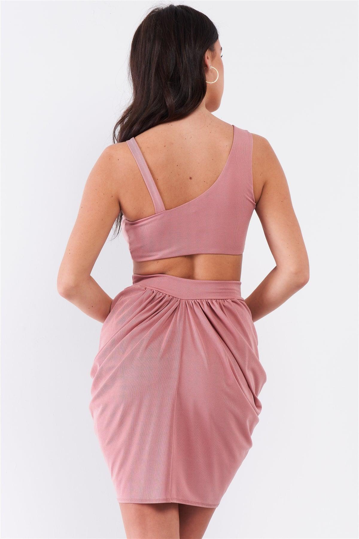 Blush Sleeveless Circular Barbell Ring Detail Asymmetrical Bustier Top & High Waisted Gathered Tulip Skirt Set /2-2-1