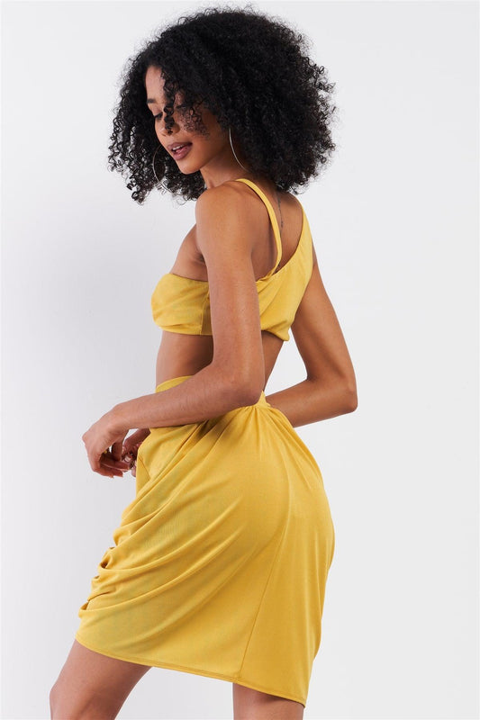 Pineapple Yellow Sleeveless Circular Barbell Ring Detail Asymmetrical Bustier Top & High Waisted Gathered Tulip Skirt Set /3-2-1