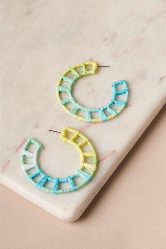 Geo Circular Raffia Blue-Green Ombre Hoop Earrings /6 Pairs