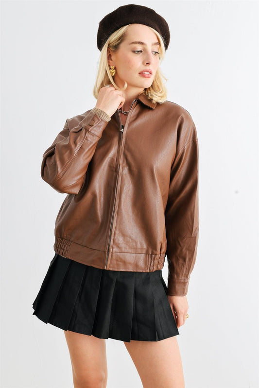 Brown Faux Leather Zip-Up Collared Neck Long Sleeve Jacket /1-2-2-1