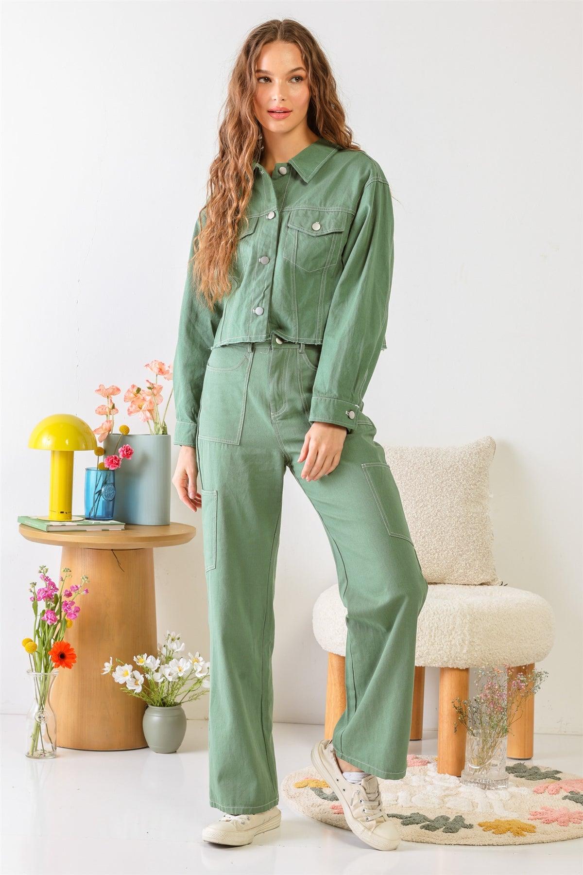 Green Cotton Button-Up Collared Neck Two Pocket Jacket & High Waist Six Pocket Wide Leg Pants Set /1-2-2-1