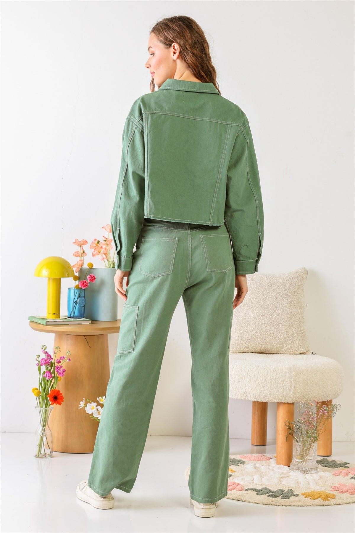 Green Cotton Denim Button-Up Collared Neck Two Pocket Jacket & High Waist Six Pocket Wide Leg Pants Set /1-2-2-1