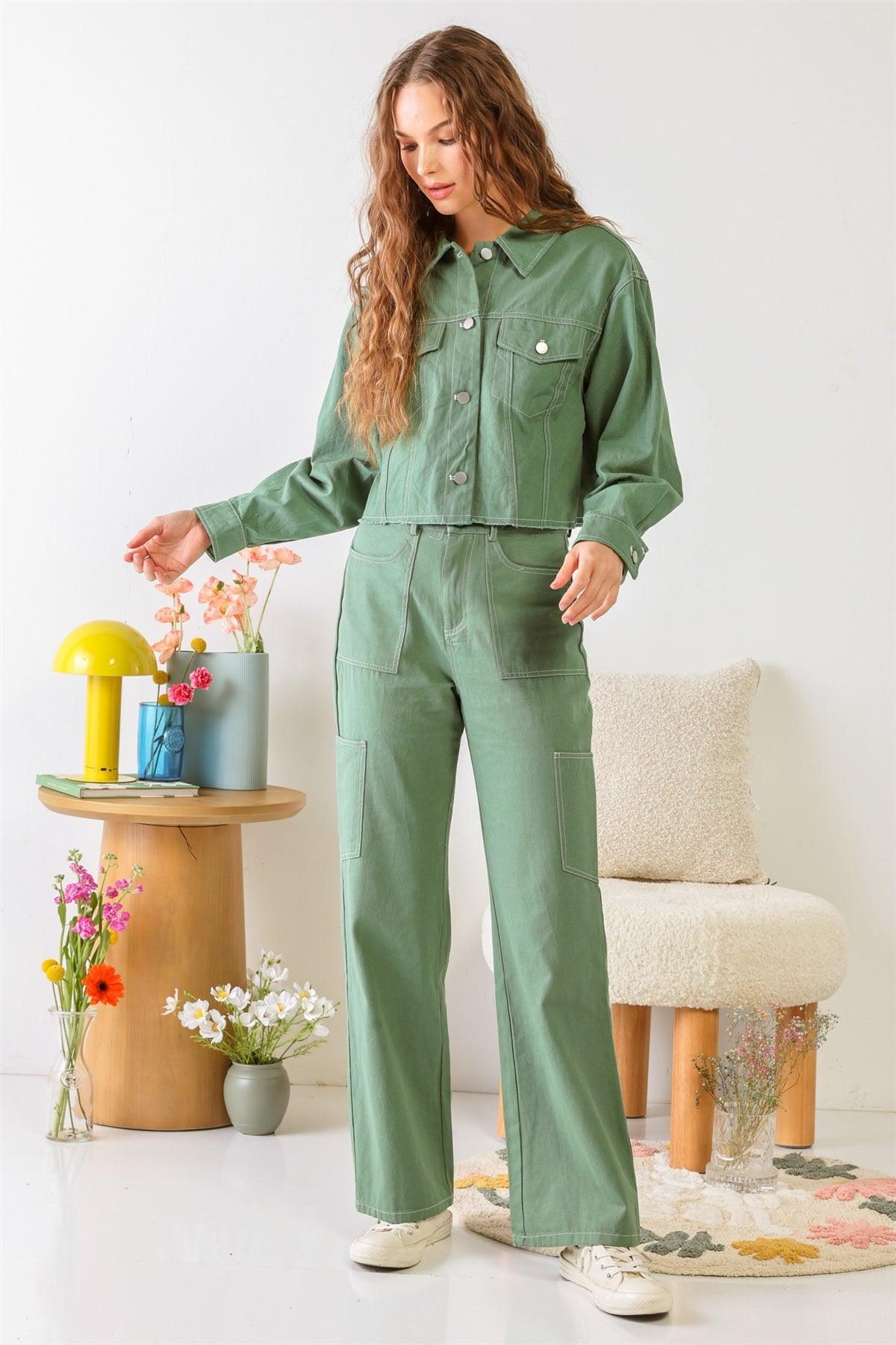 Green Cotton Denim Button-Up Collared Neck Two Pocket Jacket & High Waist Six Pocket Wide Leg Pants Set /1-2-2-1