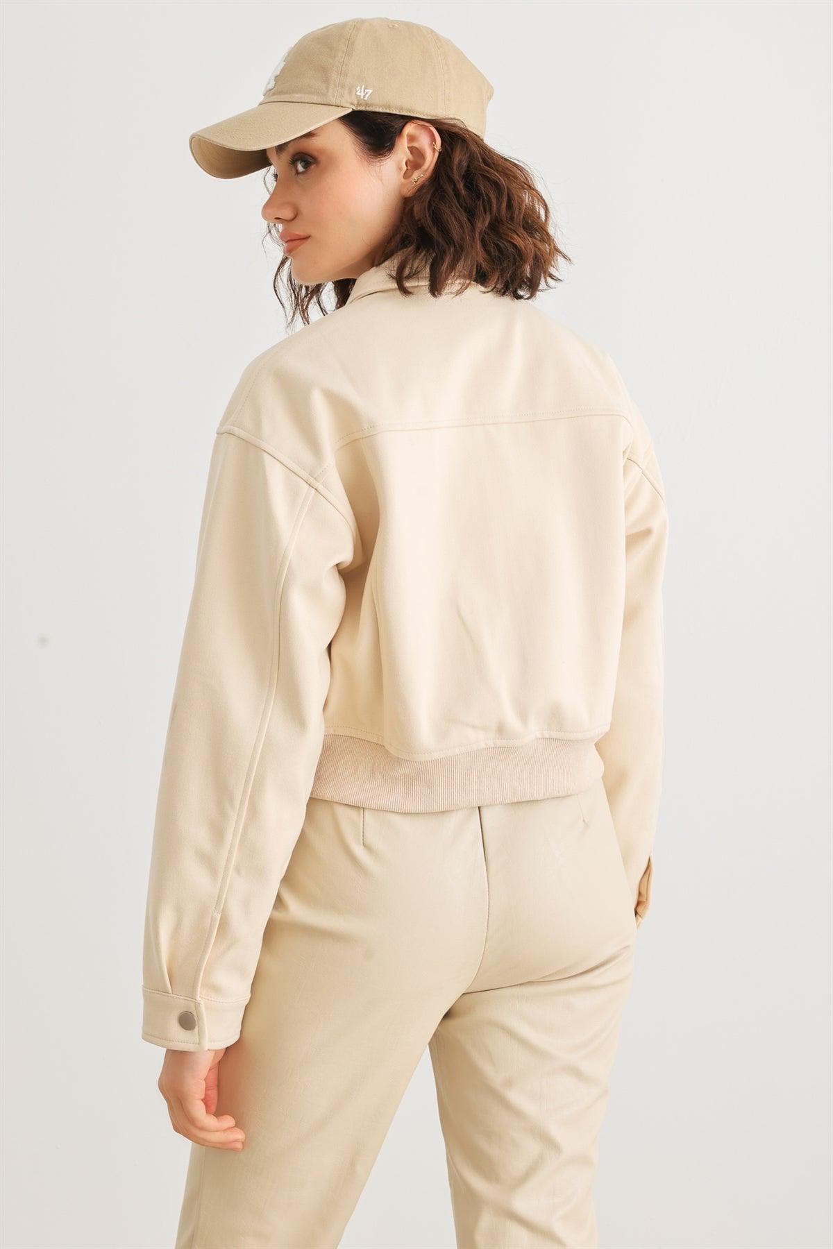 Cream Vegan Suede Collared Neck Two Pocket Zip-Up Jacket /1-2-2-1