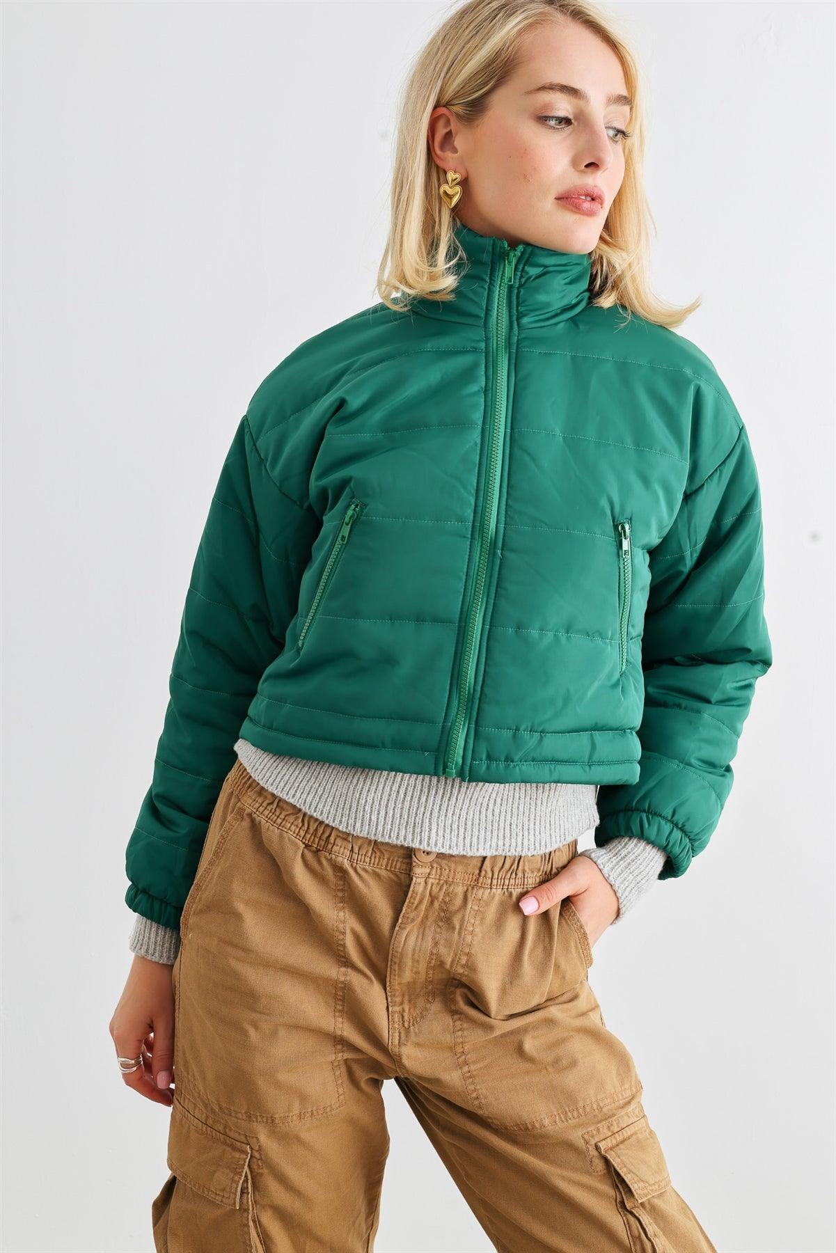 Green Puffer Zip-Up Two Pocket Cropped Jacket /1-2-2-1