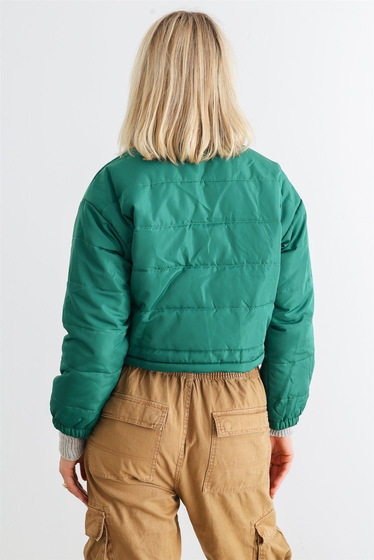 Green Puffer Zip-Up Two Pocket Cropped Jacket /1-2-2-1