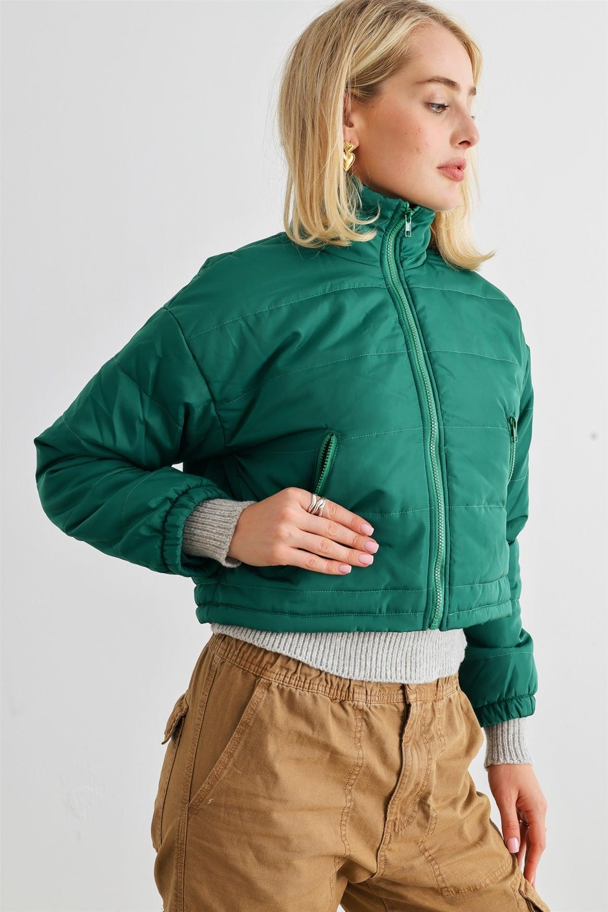 Green Puffer Zip-Up Two Pocket Cropped Jacket /1-2-2-1