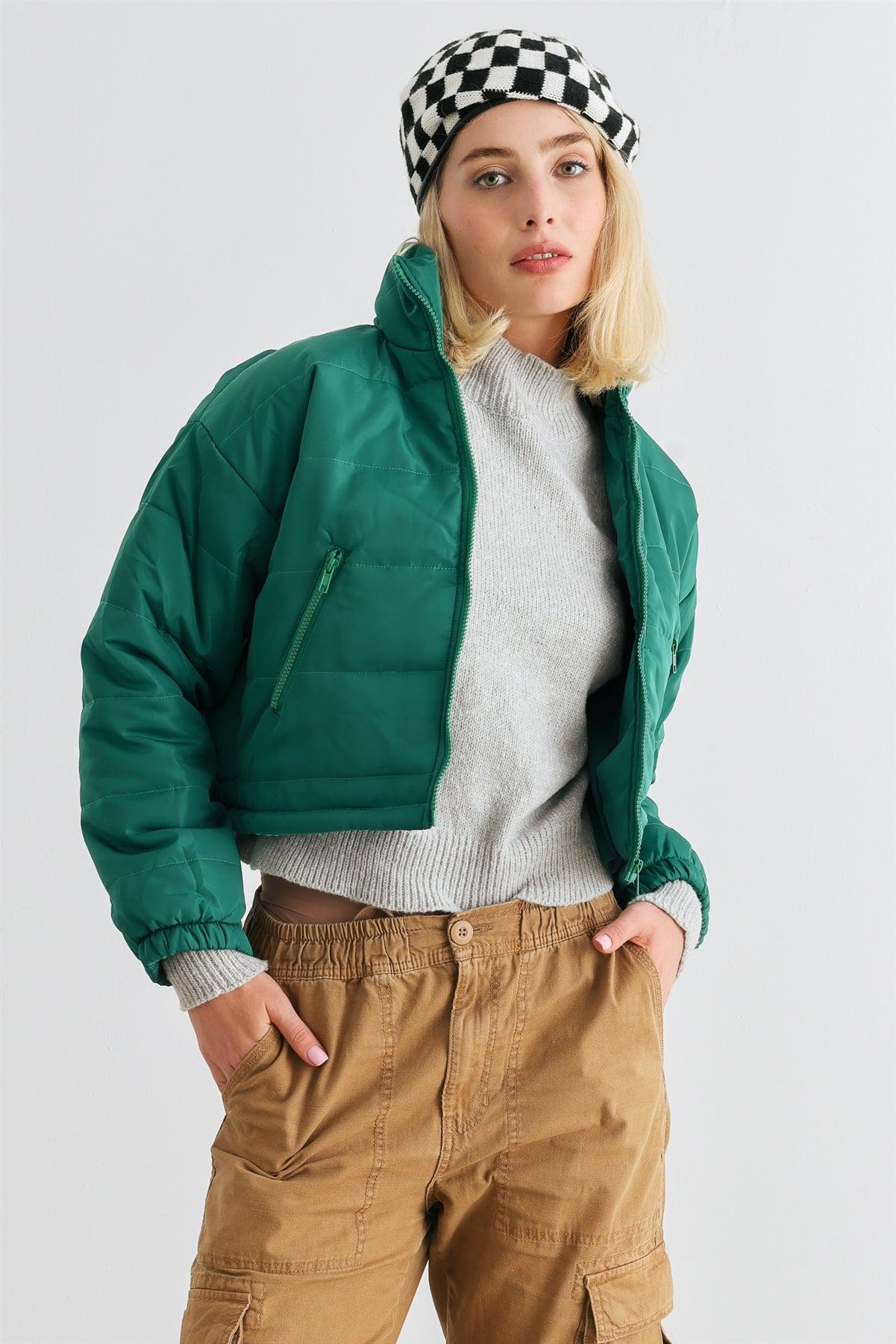 Green Puffer Zip-Up Two Pocket Cropped Jacket /1-2-2-1